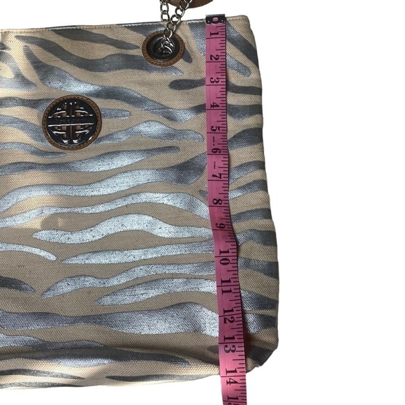 Kate Landry Silver Zebra Print Woven Tote with Chain and Leather Straps - Picture 10 of 14